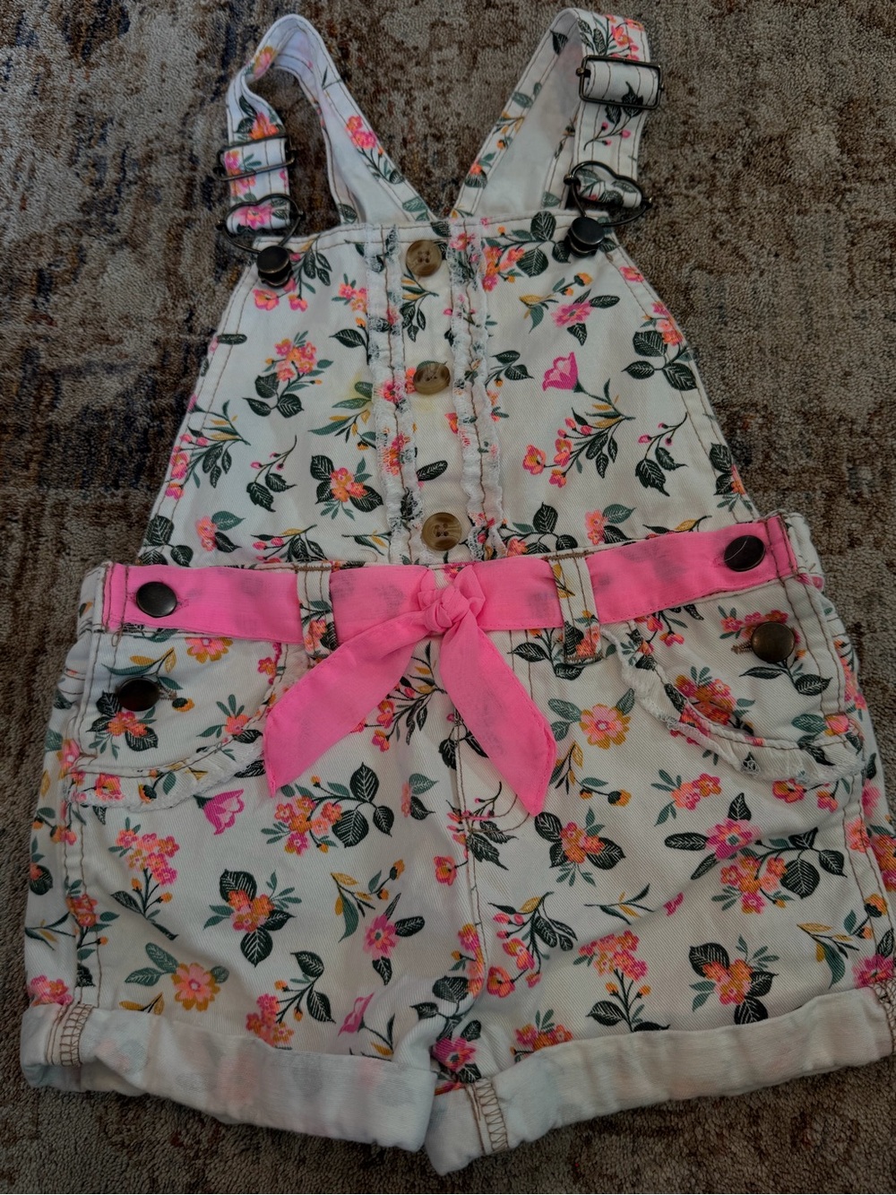 Girls Floral Shorts Overalls with Pink Tie Belt